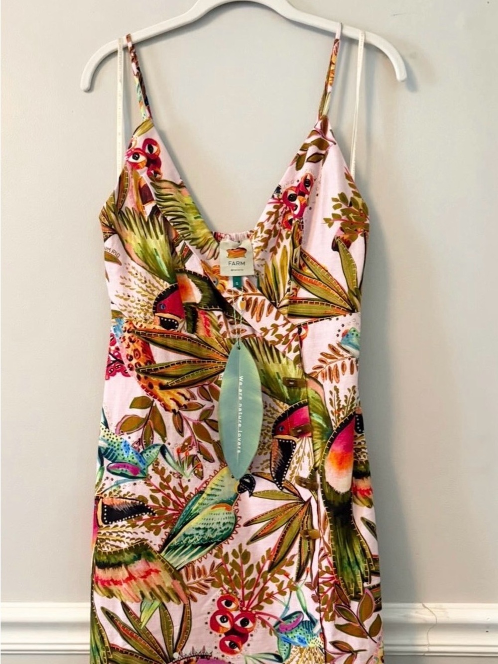 NWT FARM Rio Pink Tropical Bird Print Mini Dress in Size Small